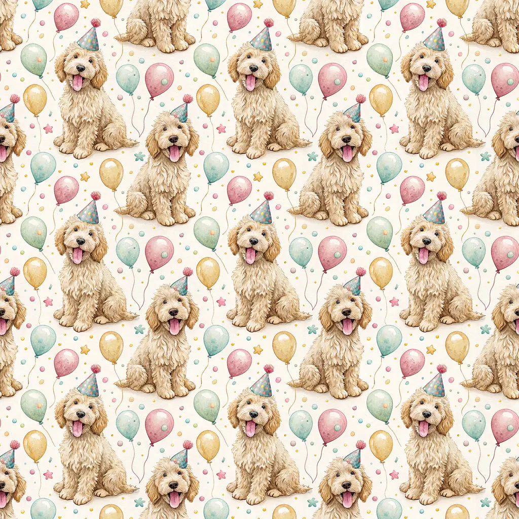 Party Animal Goldendoodle Birthday Wrapping Paper — repeating pattern tile