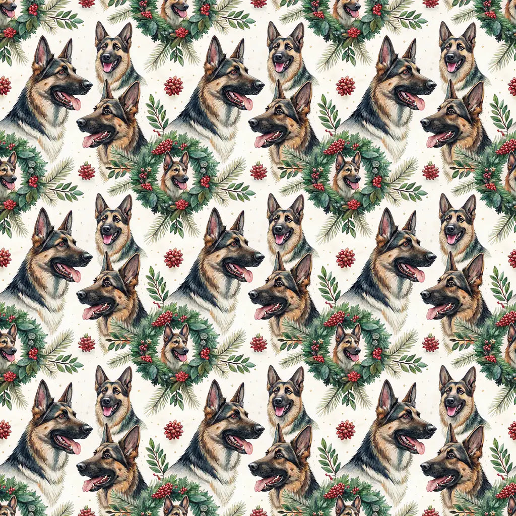 German Shepherd Christmas Wreath Wrapping Paper — repeating pattern tile