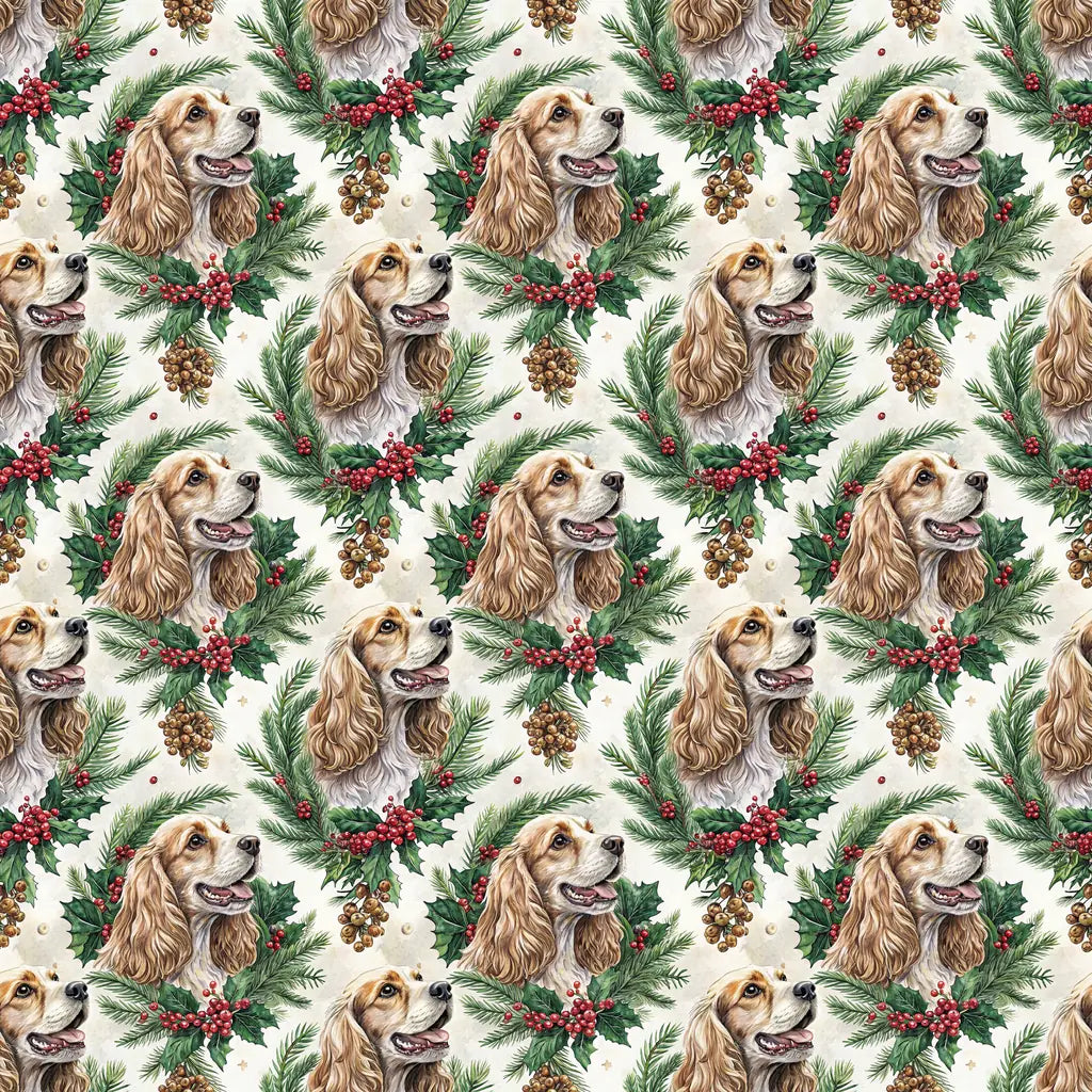 Cocker Spaniel Christmas Wreath Wrapping Paper — repeating pattern tile