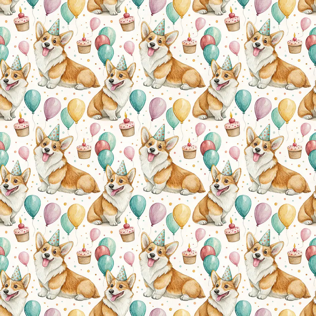 Party Animal Corgi Birthday Wrapping Paper — repeating pattern tile