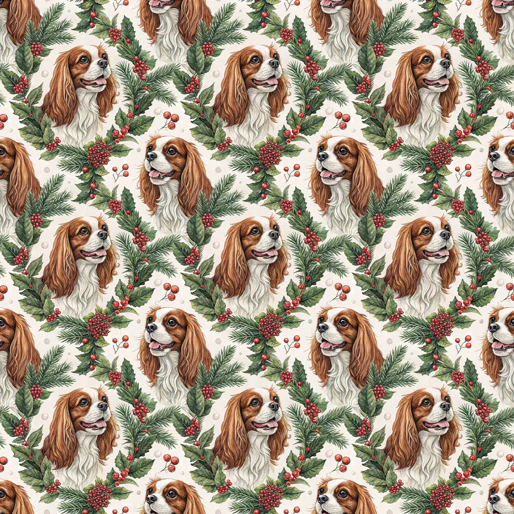 Cavalier King Charles Spaniel Christmas Wreath Wrapping Paper — repeating pattern tile