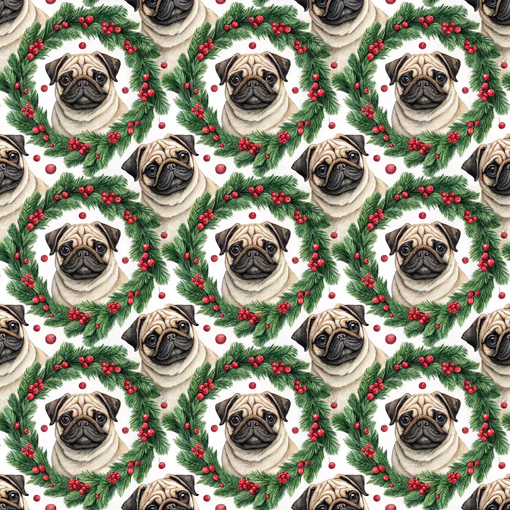 Pug Christmas Wreath Wrapping Paper — repeating pattern tile