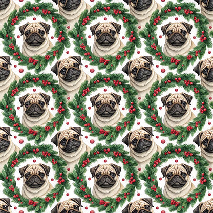 Pug Christmas Wreath Wrapping Paper — repeating pattern tile