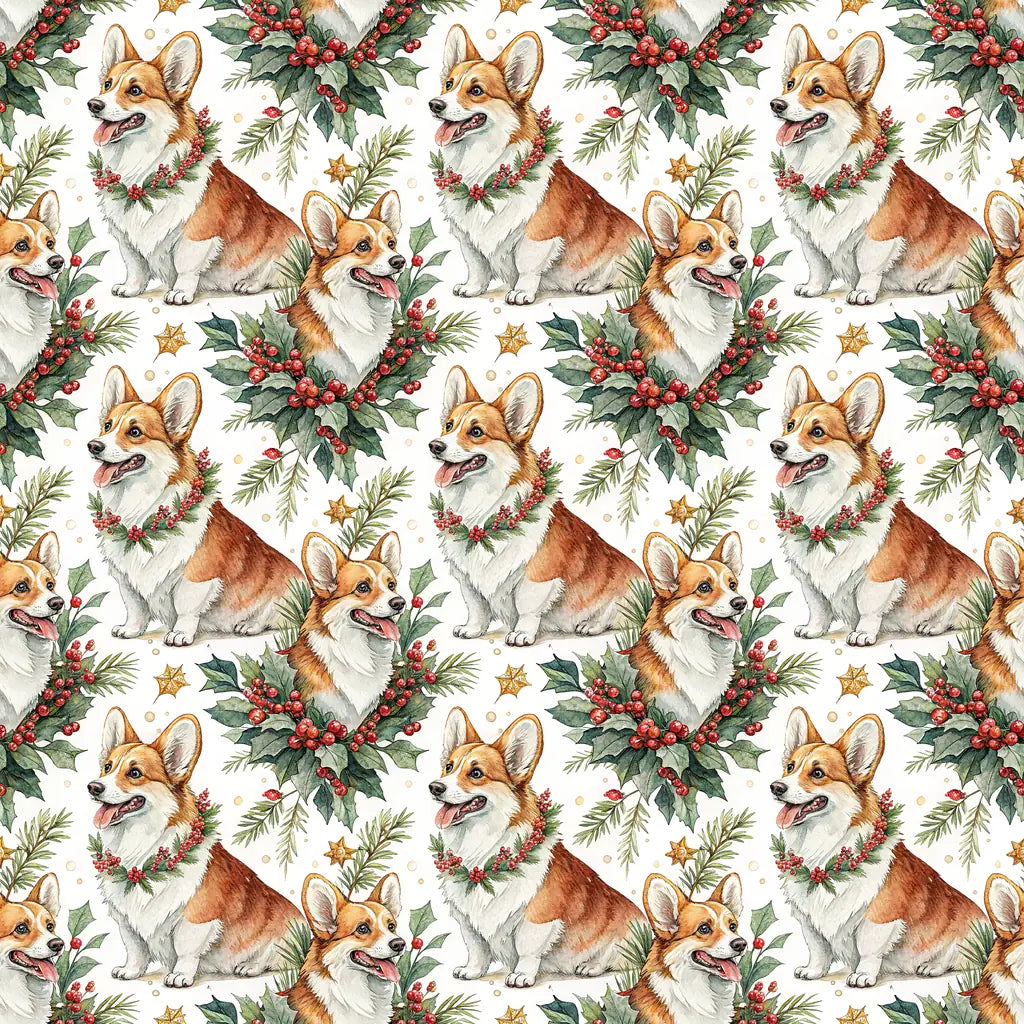 Corgi Christmas Wreath Wrapping Paper — repeating pattern tile