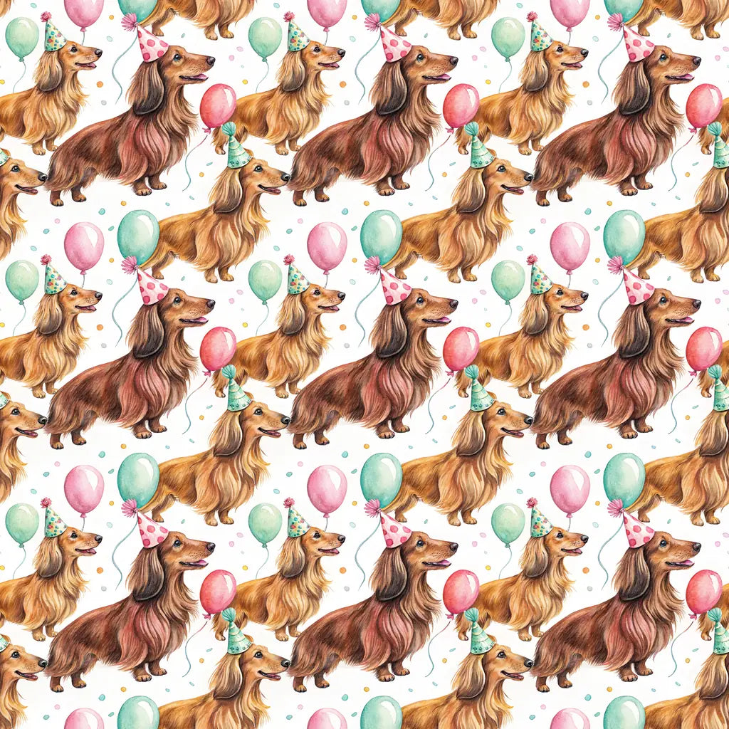 Party Animal Long-Haired Dachshund Birthday Wrapping Paper — repeating pattern tile