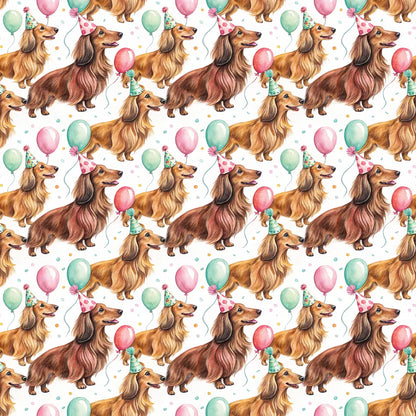 Party Animal Long-Haired Dachshund Birthday Wrapping Paper — repeating pattern tile