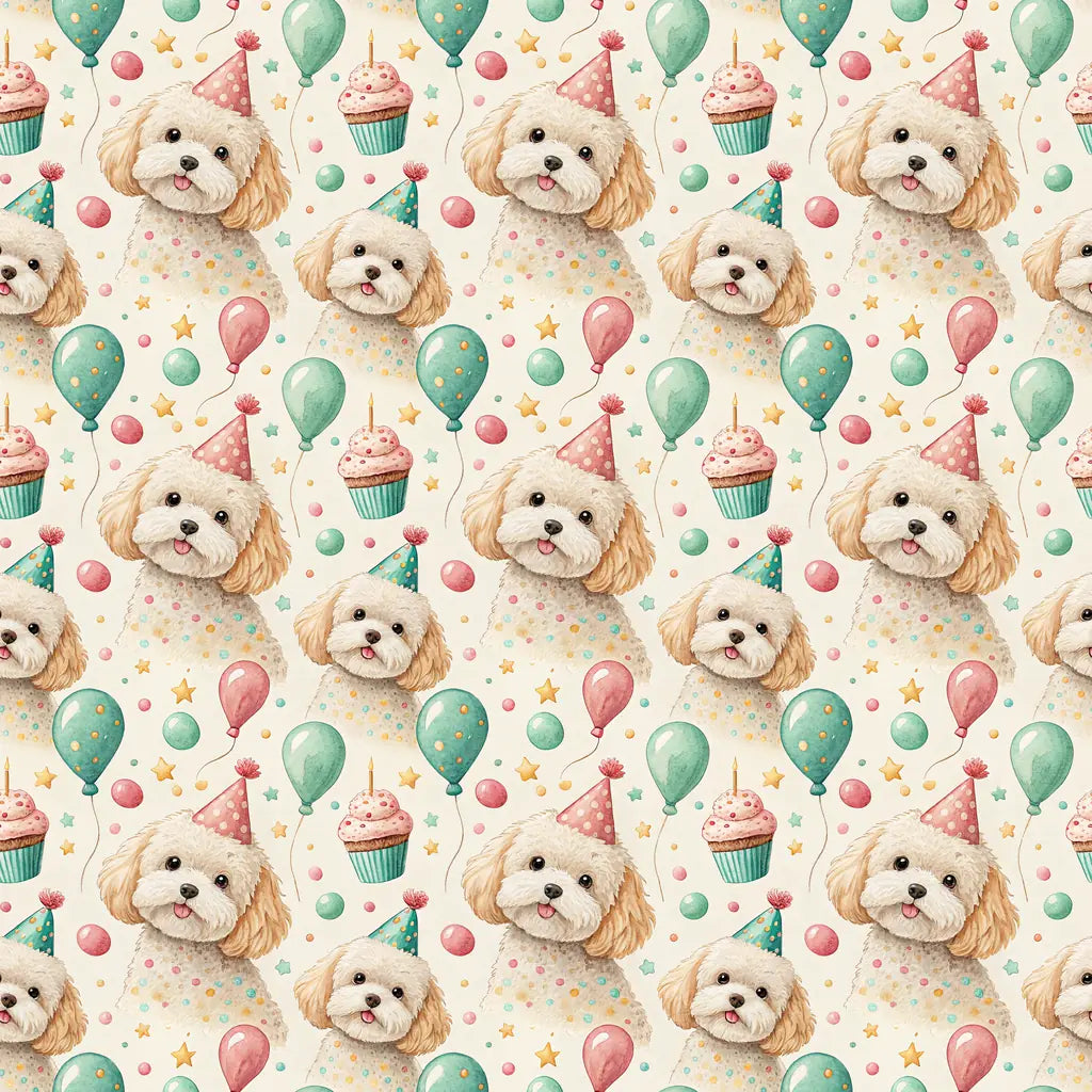 Party Animal Maltipoo Birthday Wrapping Paper — repeating pattern tile