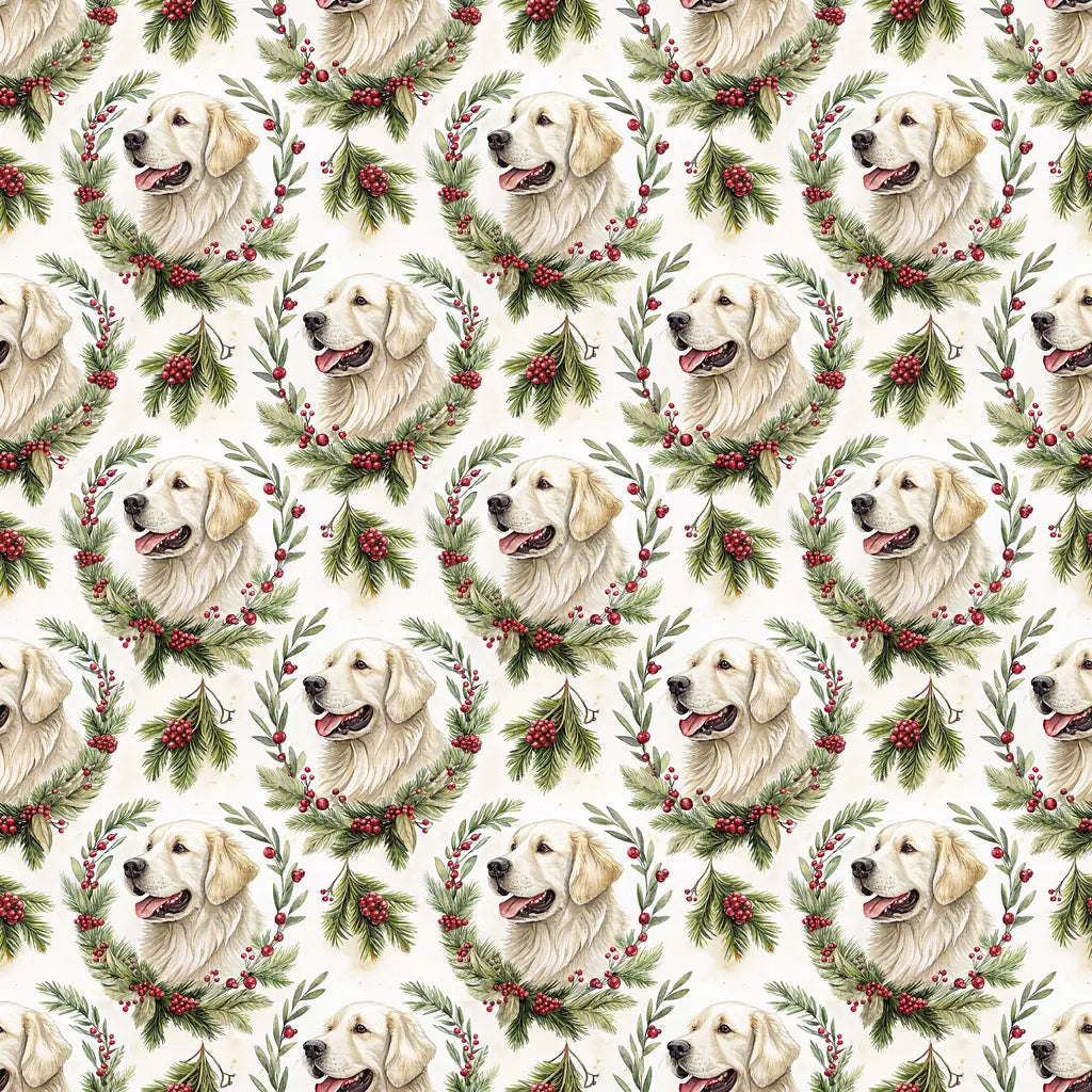 English Cream Golden Retriever Christmas Wreath Wrapping Paper — repeating pattern tile