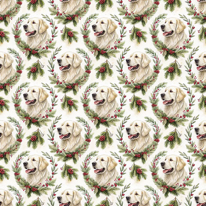 English Cream Golden Retriever Christmas Wreath Wrapping Paper — repeating pattern tile