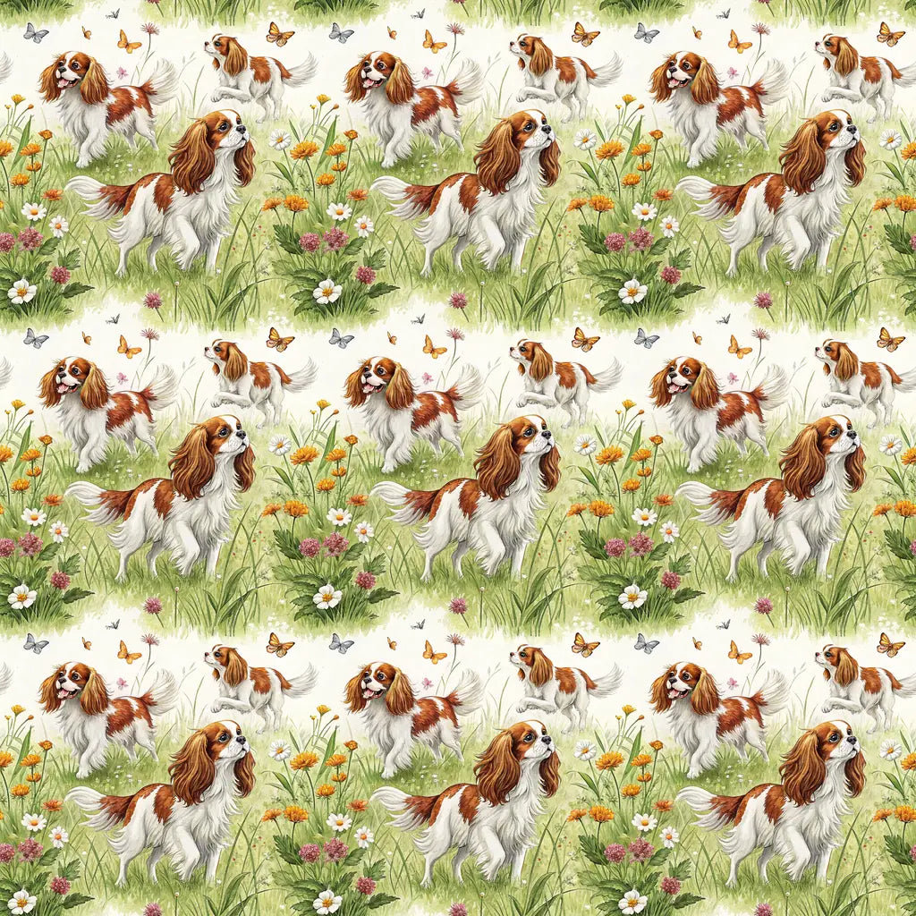 Cavalier King Charles Spaniel Spring Garden Wrapping Paper — repeating pattern tile