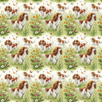 Cavalier King Charles Spaniel Spring Garden Wrapping Paper — repeating pattern tile