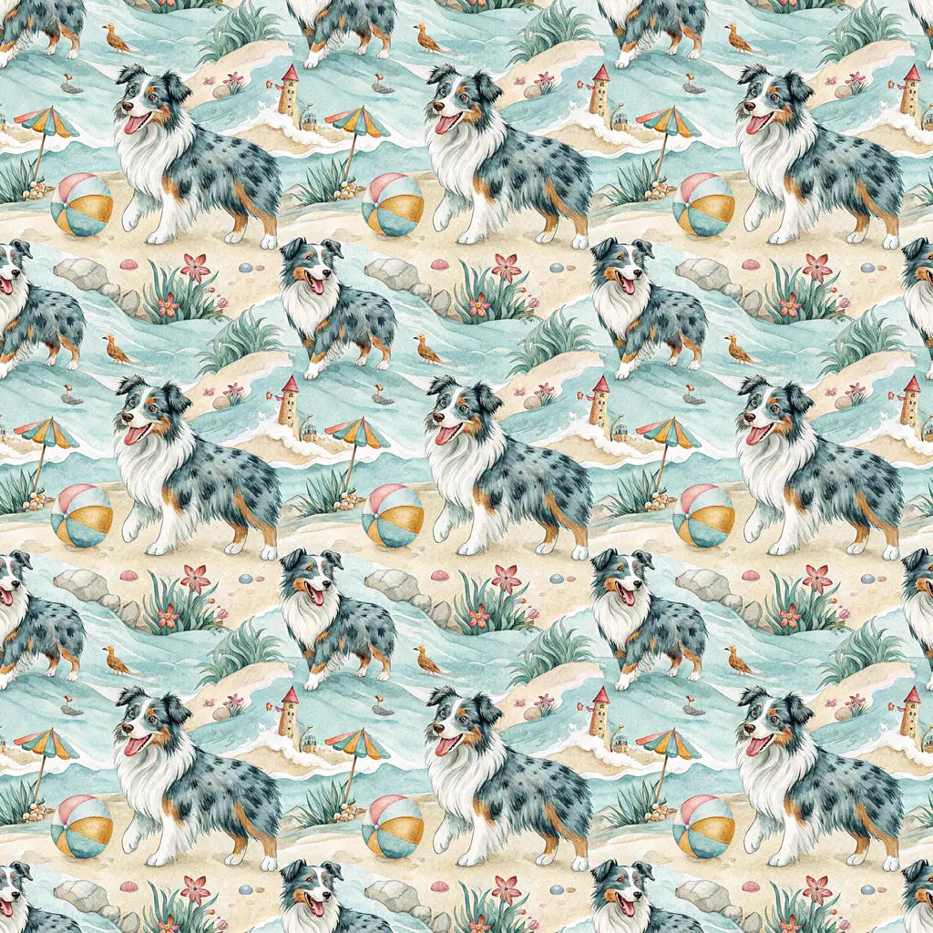 Australian Shepherd Beach Day Wrapping Paper — repeating pattern tile