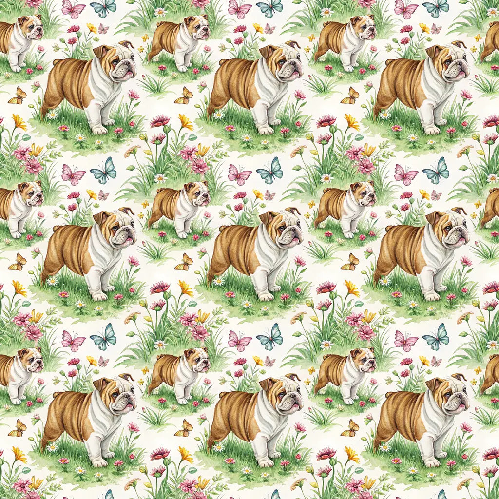 English Bulldog Spring Garden Wrapping Paper — repeating pattern tile