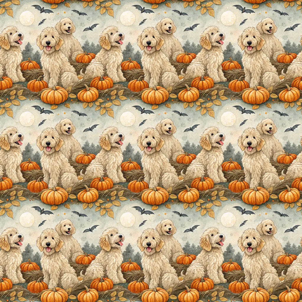 Pumpkin Patch Goldendoodle Halloween Wrapping Paper — repeating pattern tile