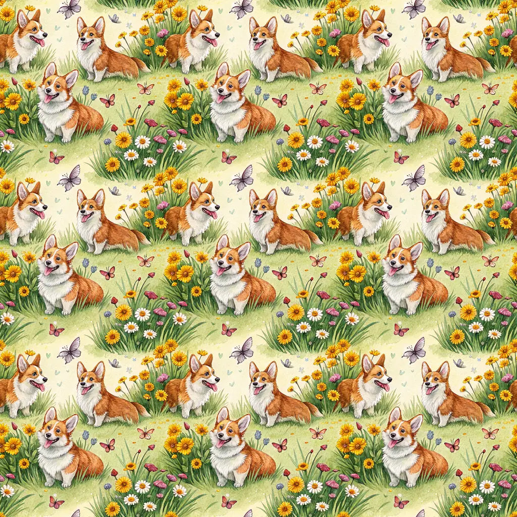 Corgi Spring Garden Wrapping Paper — repeating pattern tile
