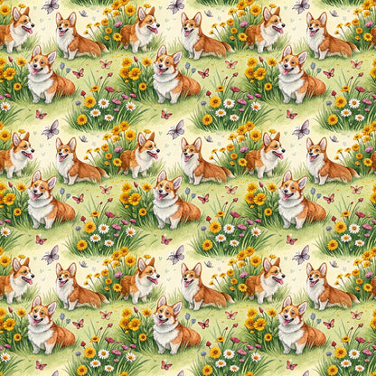 Corgi Spring Garden Wrapping Paper — repeating pattern tile