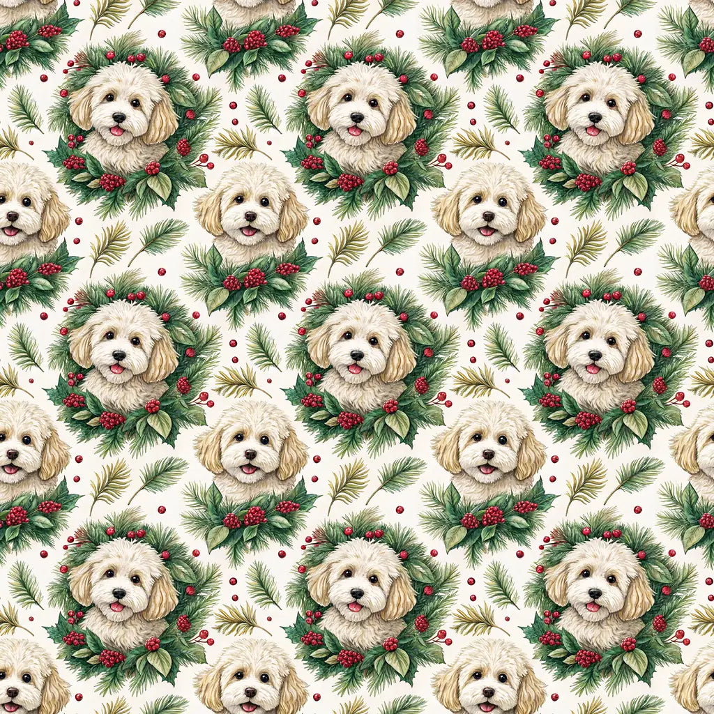 Cavapoo Christmas Wreath Wrapping Paper — repeating pattern tile