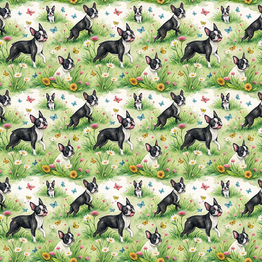 Boston Terrier Spring Garden Wrapping Paper — repeating pattern tile