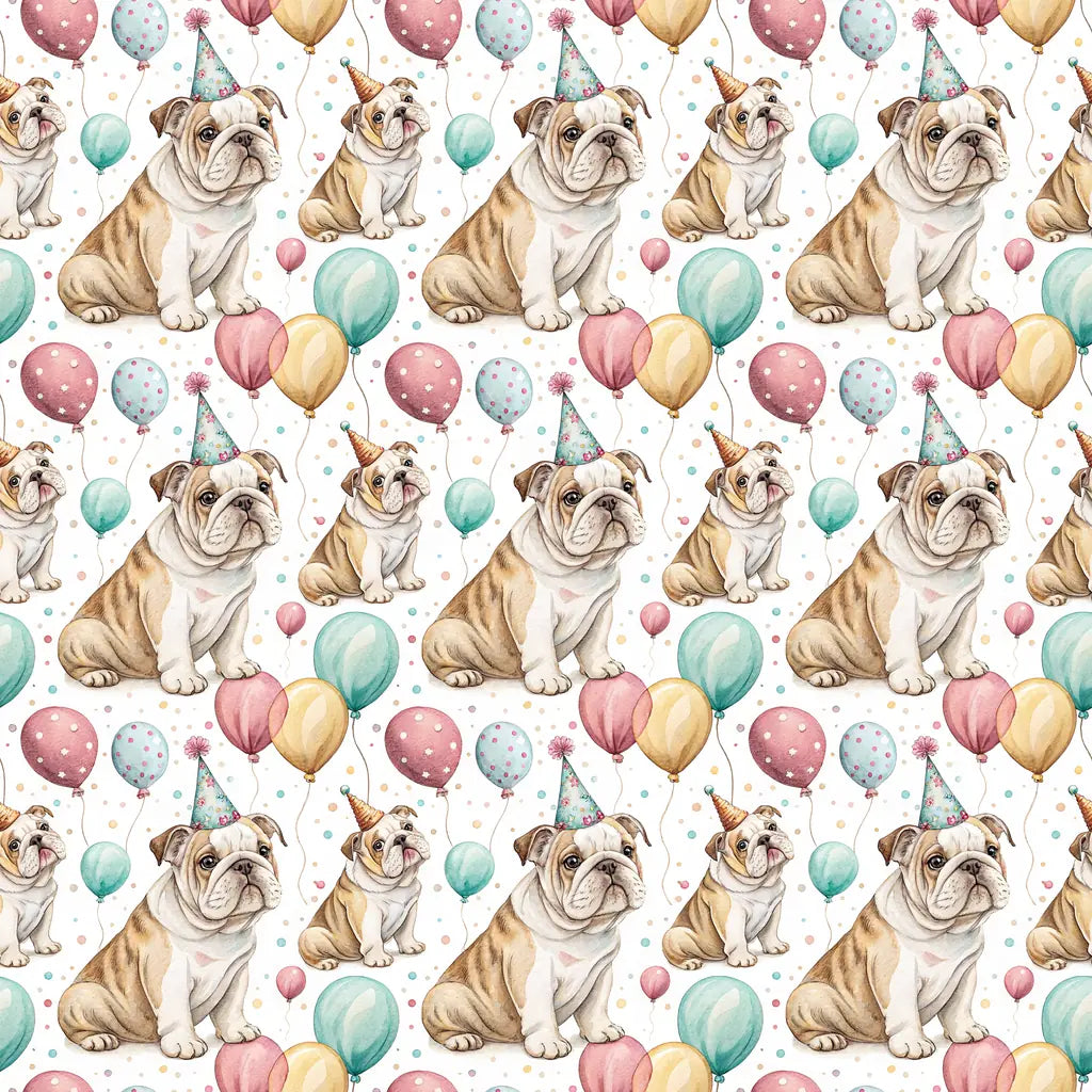 Party Animal English Bulldog Birthday Wrapping Paper — repeating pattern tile