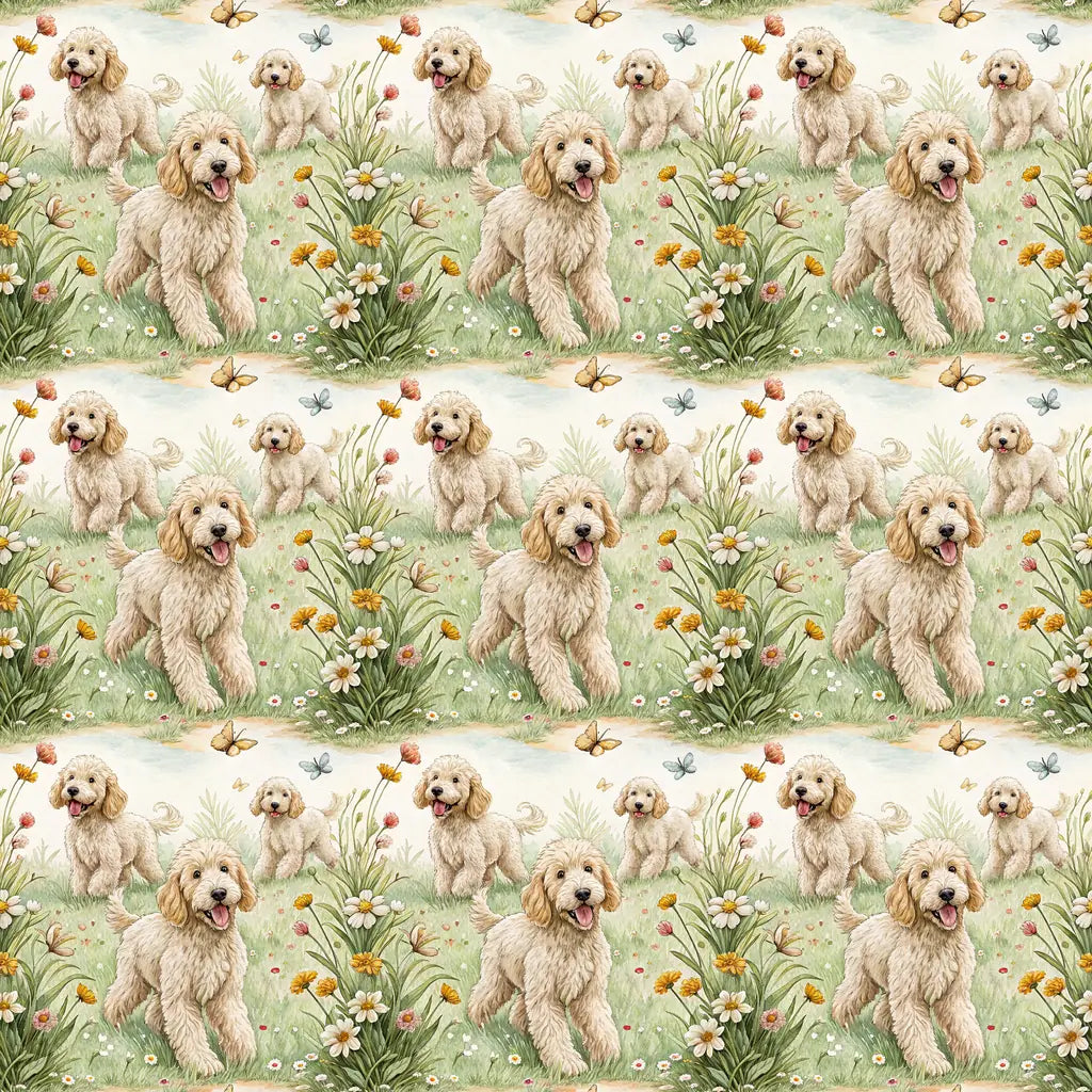 Goldendoodle Spring Garden Wrapping Paper — repeating pattern tile