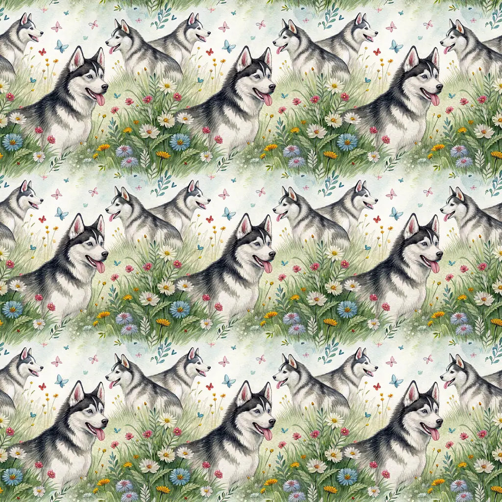 Siberian Husky Spring Garden Wrapping Paper — repeating pattern tile