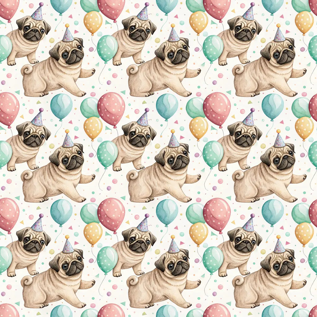 Party Animal Pug Birthday Wrapping Paper — repeating pattern tile