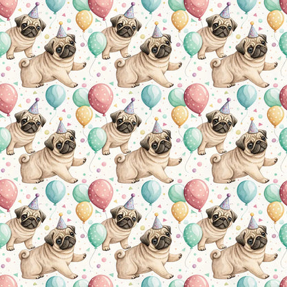 Party Animal Pug Birthday Wrapping Paper — repeating pattern tile