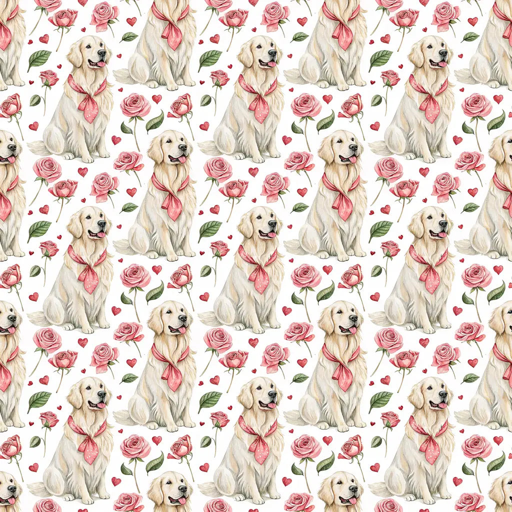 English Cream Golden Retriever Valentine's Day Wrapping Paper — repeating pattern tile