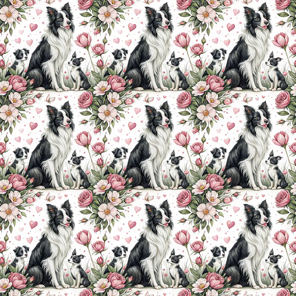 Border Collie Floral Wrapping Paper — repeating pattern tile