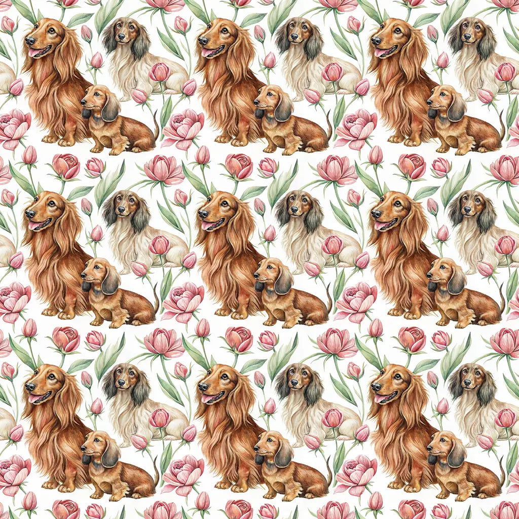 Long-Haired Dachshund Spring Garden Wrapping Paper — repeating pattern tile