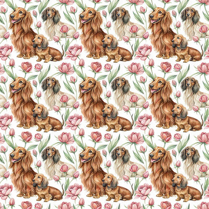 Long-Haired Dachshund Spring Garden Wrapping Paper — repeating pattern tile