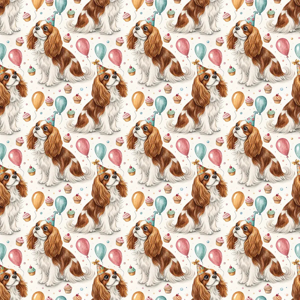 Party Animal Cavalier King Charles Spaniel Birthday Wrapping Paper — repeating pattern tile