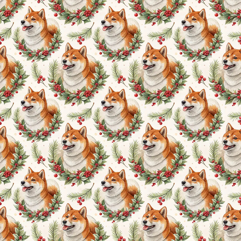 Shiba Inu Christmas Wreath Wrapping Paper — repeating pattern tile