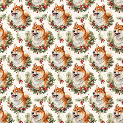 Shiba Inu Christmas Wreath Wrapping Paper — repeating pattern tile