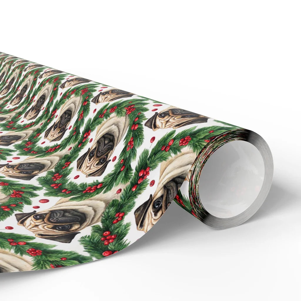 Pug Christmas Wrapping Paper — Holly Wreath Pattern — paper roll