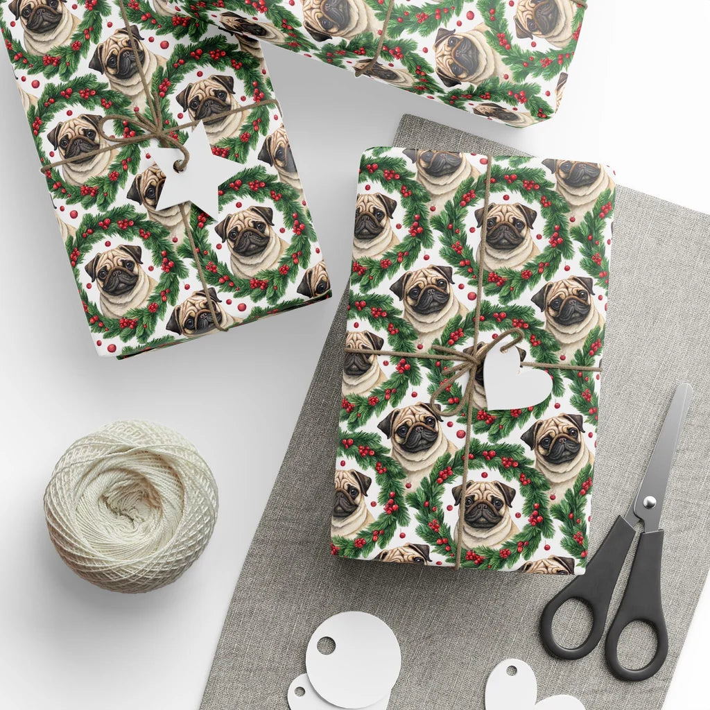 Pug Christmas Wrapping Paper — Holly Wreath Pattern — styled gift wrapping with scissors and twine