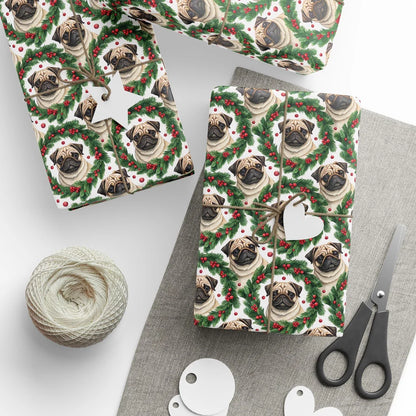 Pug Christmas Wrapping Paper — Holly Wreath Pattern — styled gift wrapping with scissors and twine
