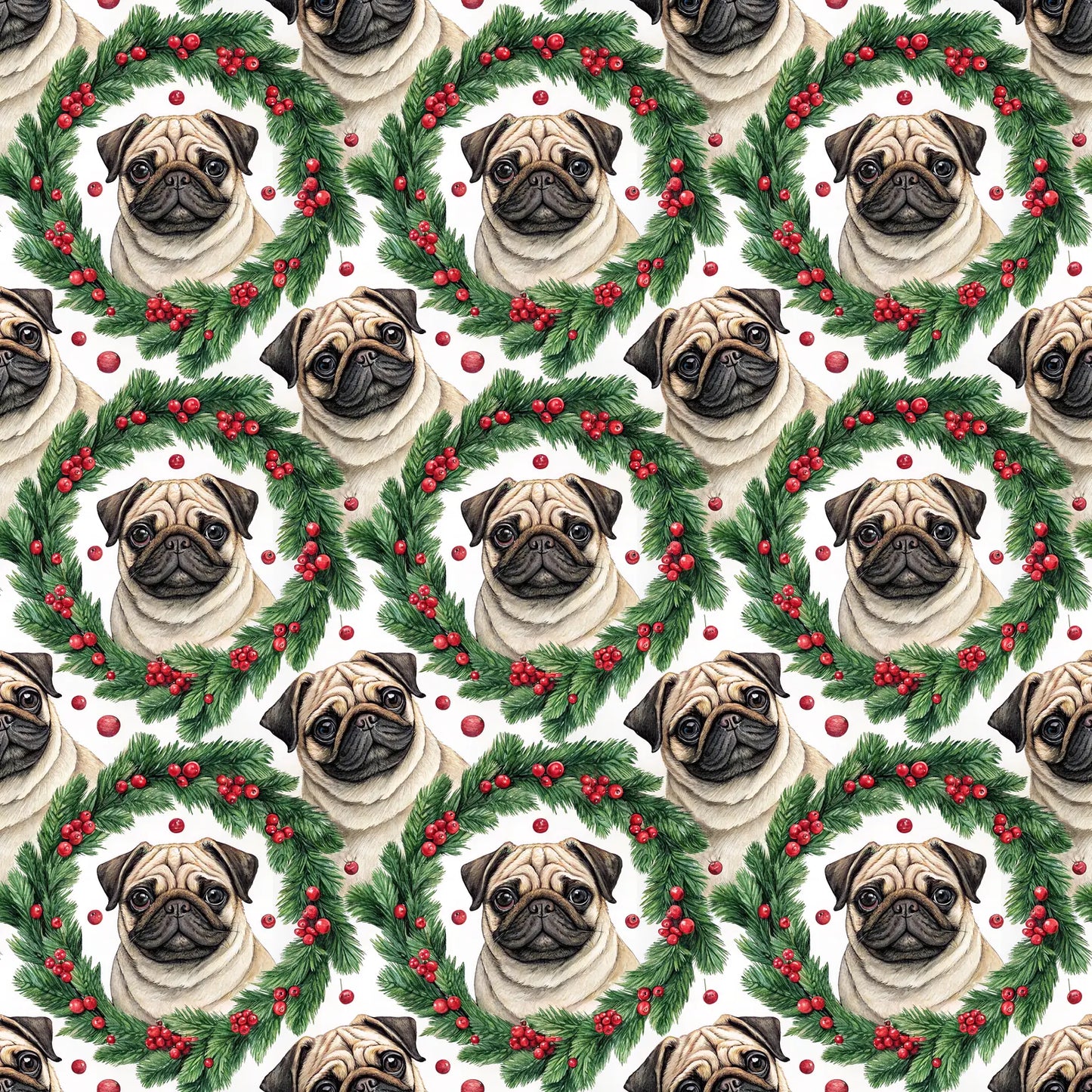 Pug Christmas Wrapping Paper — Holly Wreath Pattern — repeating pattern tile