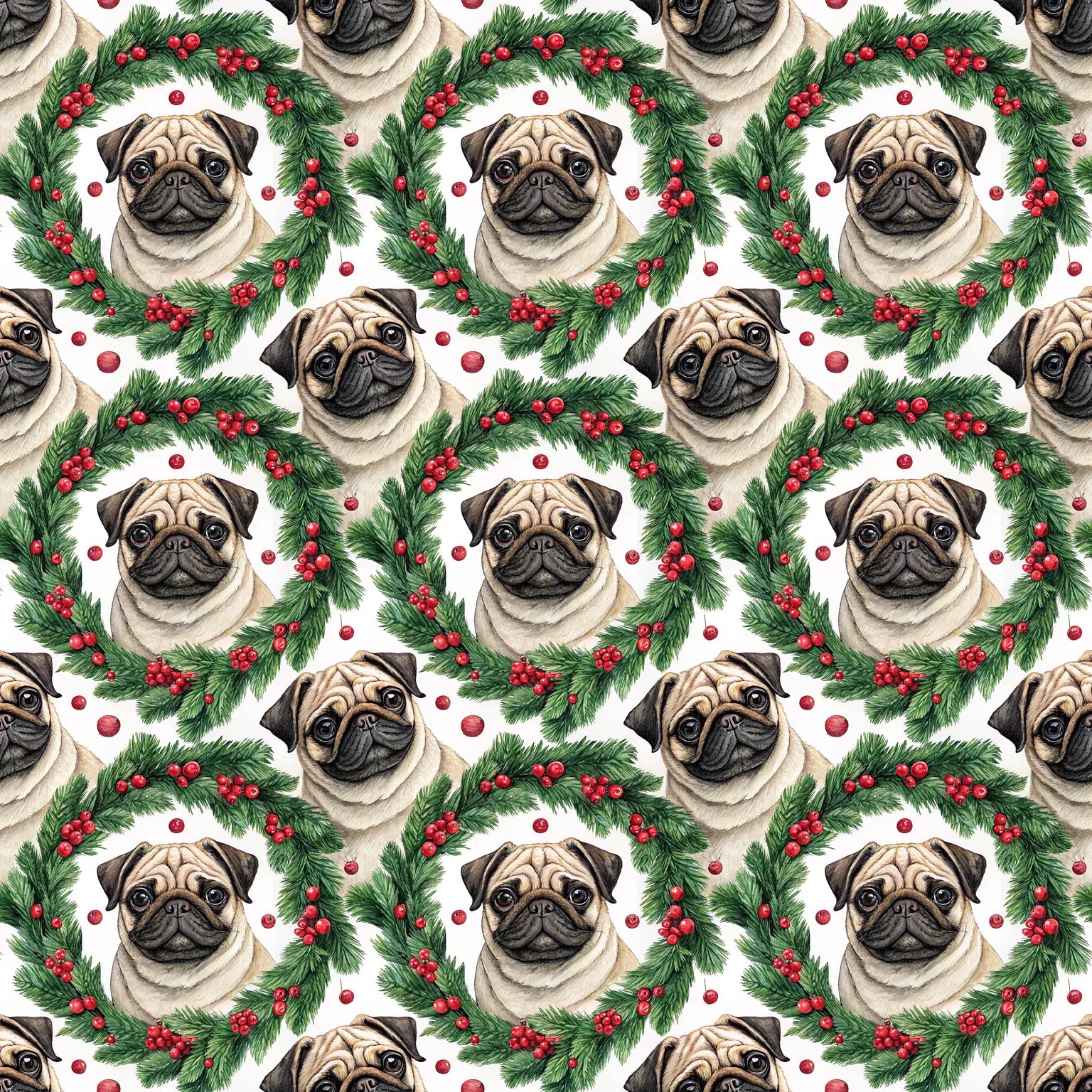 Pug Christmas Wrapping Paper — Holly Wreath Pattern — repeating pattern tile