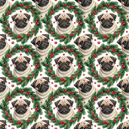 Pug Christmas Wrapping Paper — Holly Wreath Pattern — repeating pattern tile