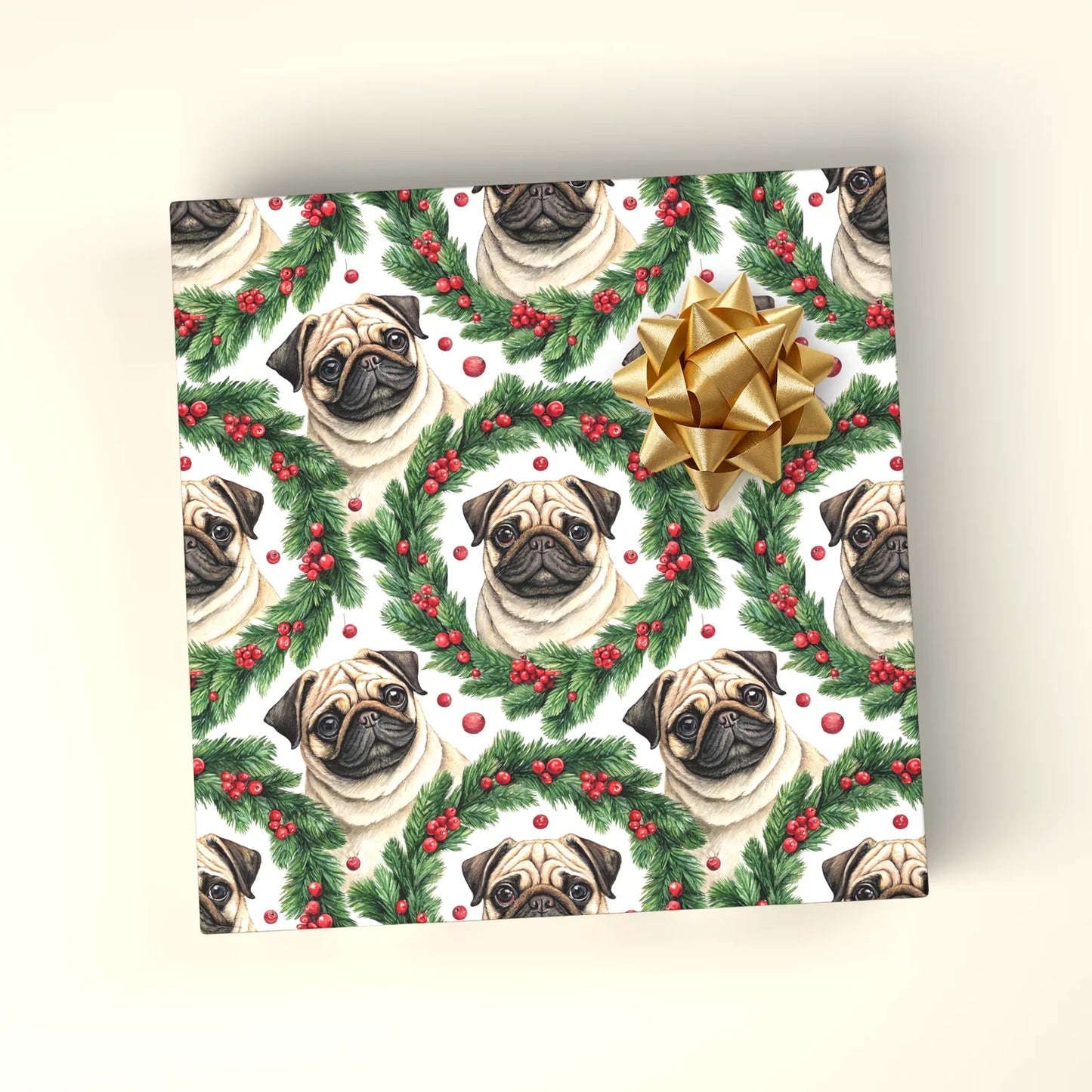 Pug Christmas Wreath Wrapping Paper — wrapped gift presentation