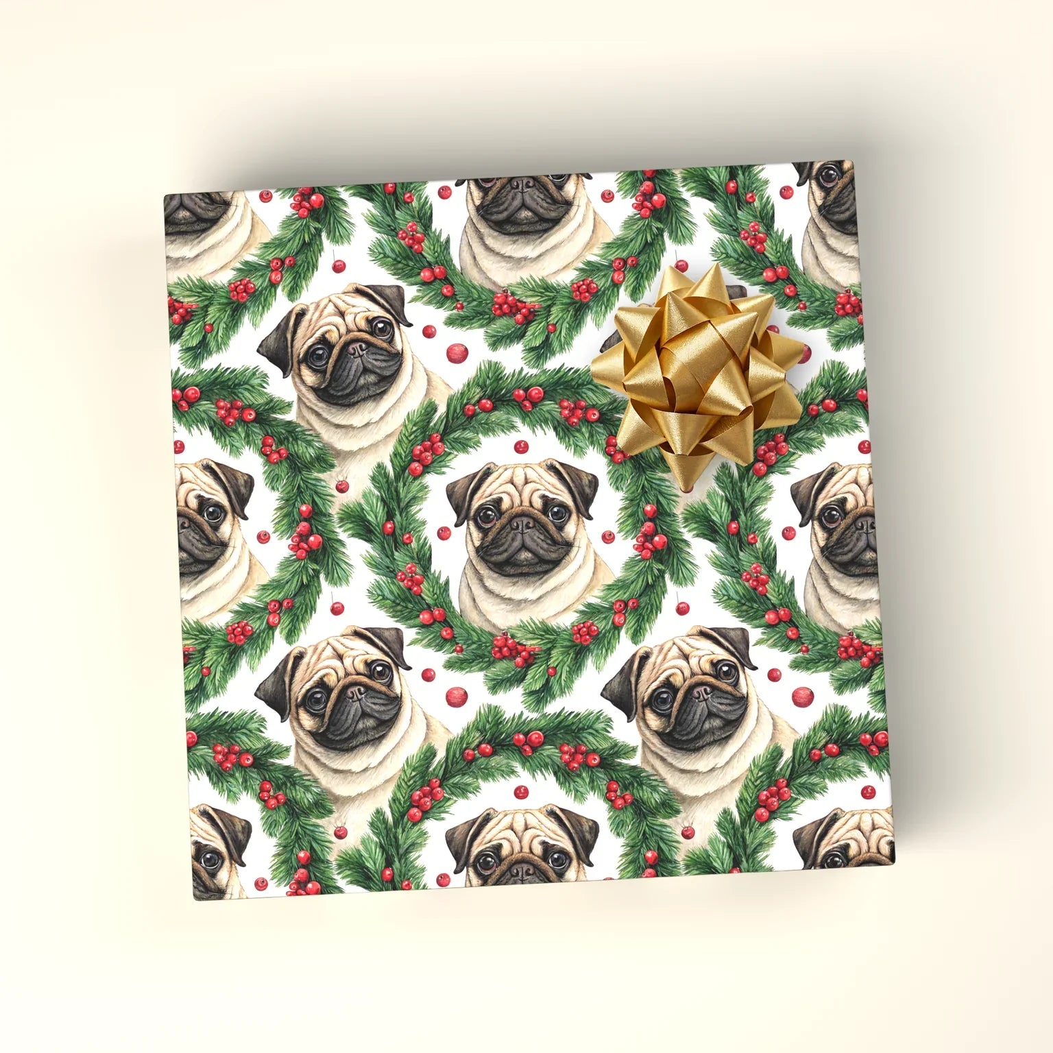 Pug Christmas Wreath Wrapping Paper — wrapped gift presentation
