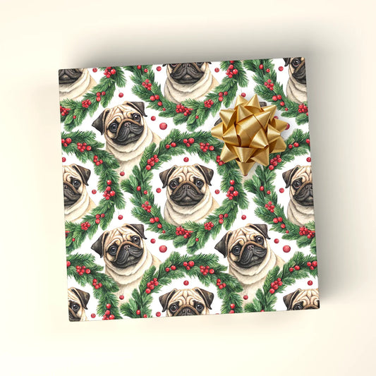 Pug Christmas Wreath Wrapping Paper — wrapped gift presentation