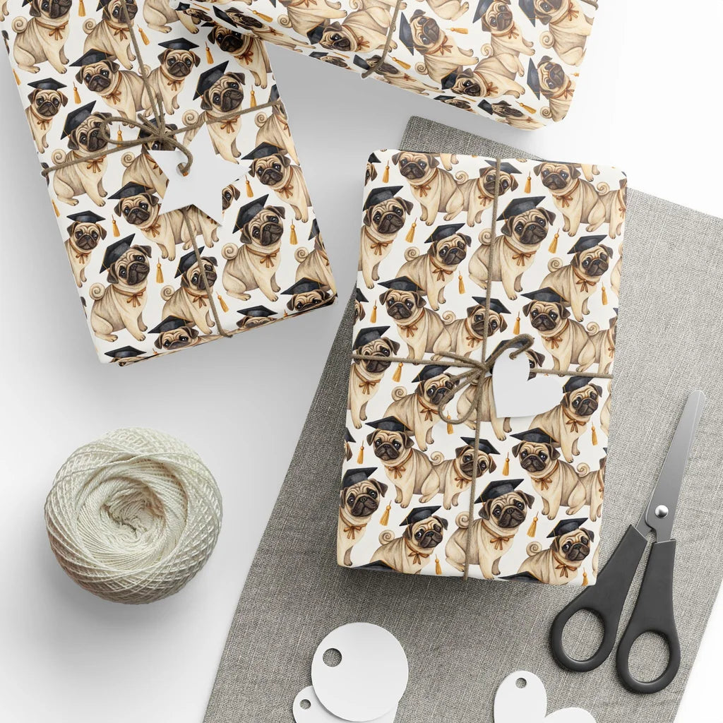 Pug Graduation Wrapping Paper — styled gift wrapping with scissors and twine