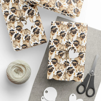 Pug Graduation Wrapping Paper — styled gift wrapping with scissors and twine