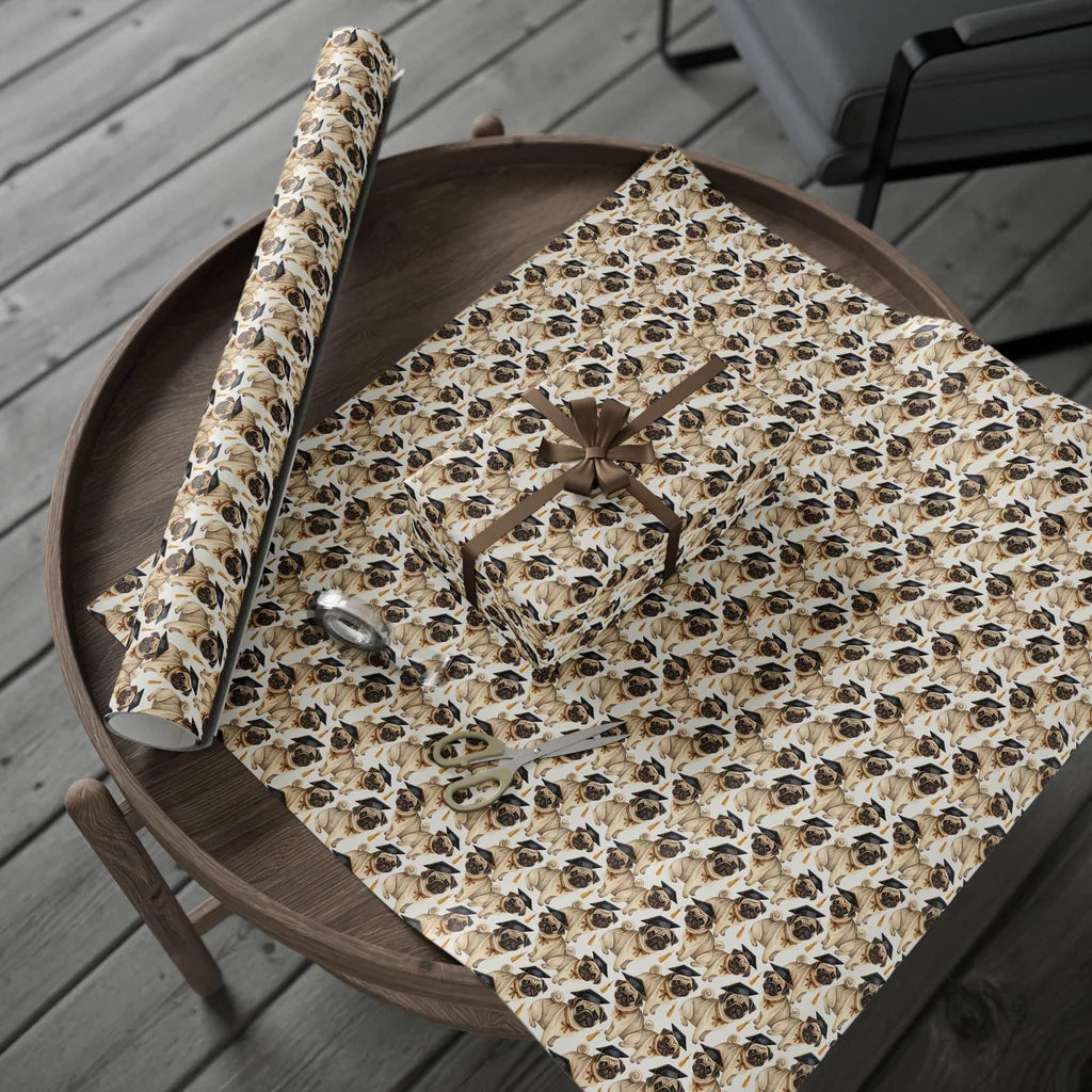 Pug Graduation Wrapping Paper — gift wrapping presented on a wooden table
