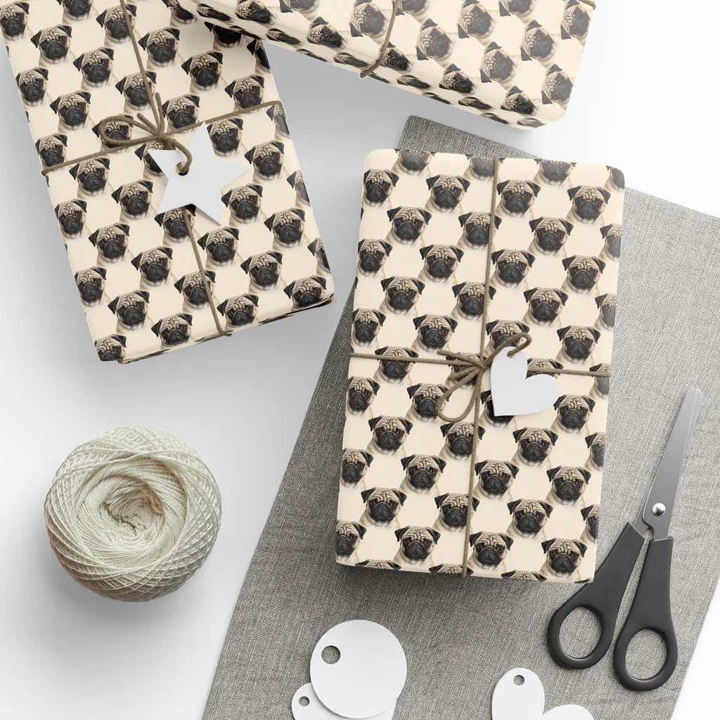 Pug Portrait Wrapping Paper — styled gift wrapping with scissors and twine