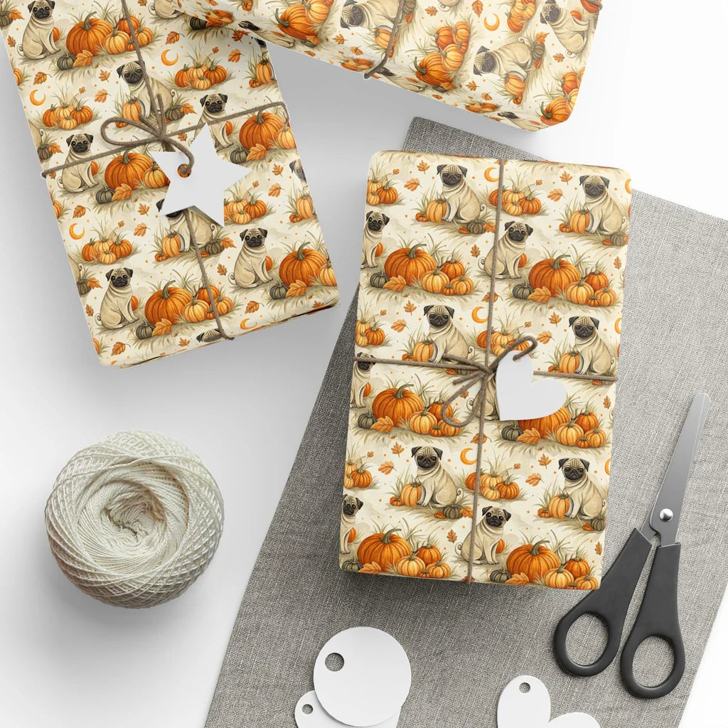 Pug Pumpkin Patch Halloween Wrapping Paper — styled gift wrapping with scissors and twine