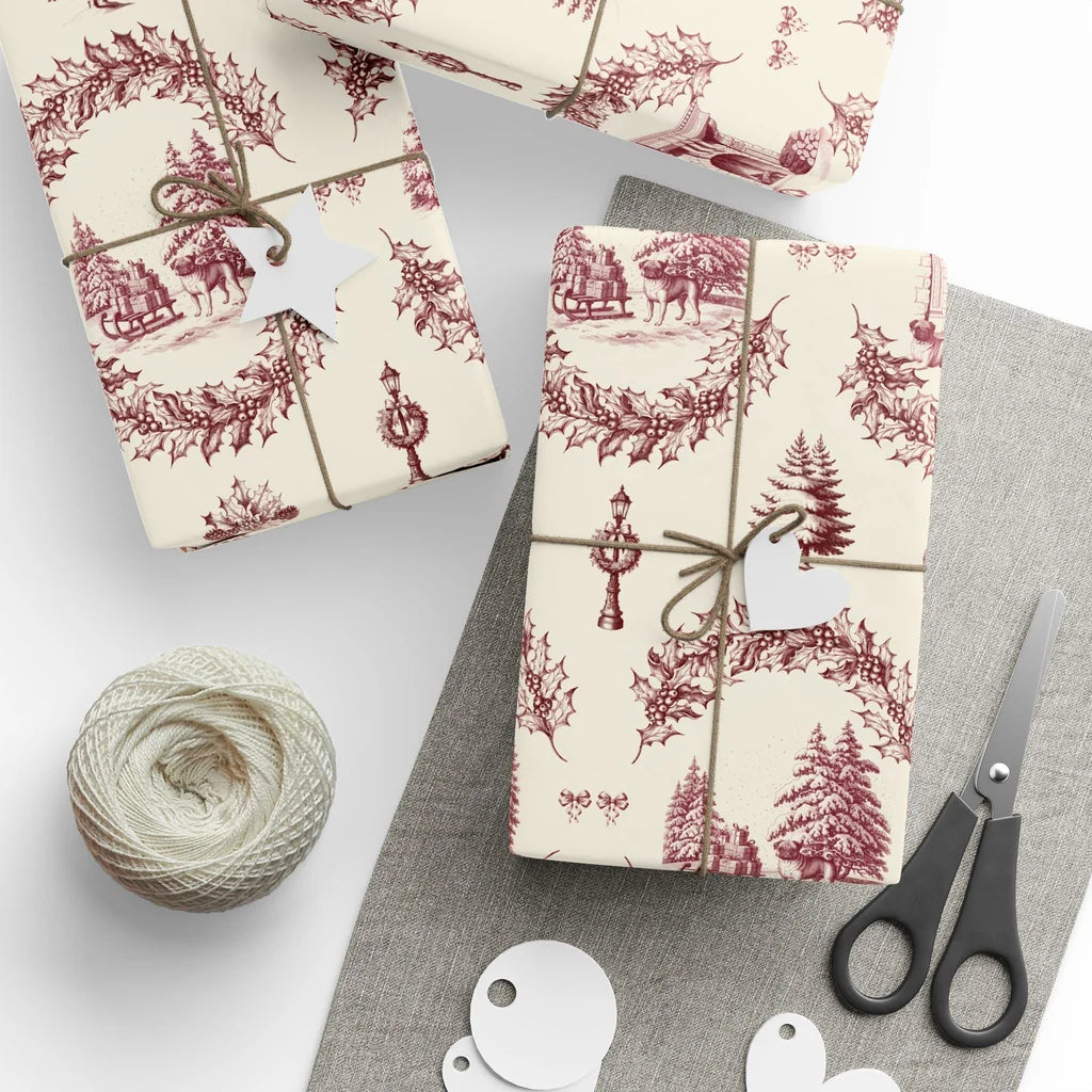 Pug Toile Wrapping Paper — styled gift wrapping with scissors and twine