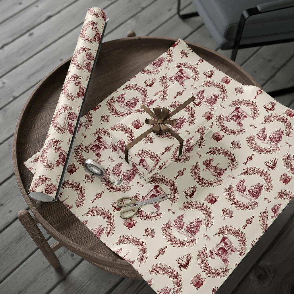 Pug Toile Wrapping Paper — gift wrapping presented on a wooden table